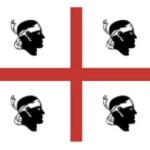 Flag with a red cross dividing the white field into four quadrants, each quadrant containing a black pirate-head silhouette facing right.